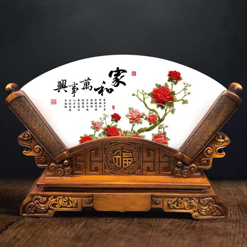 天然玉石扇形浮雕树脂底座摆件玄关书桌电视柜茶几进宅开业送礼品