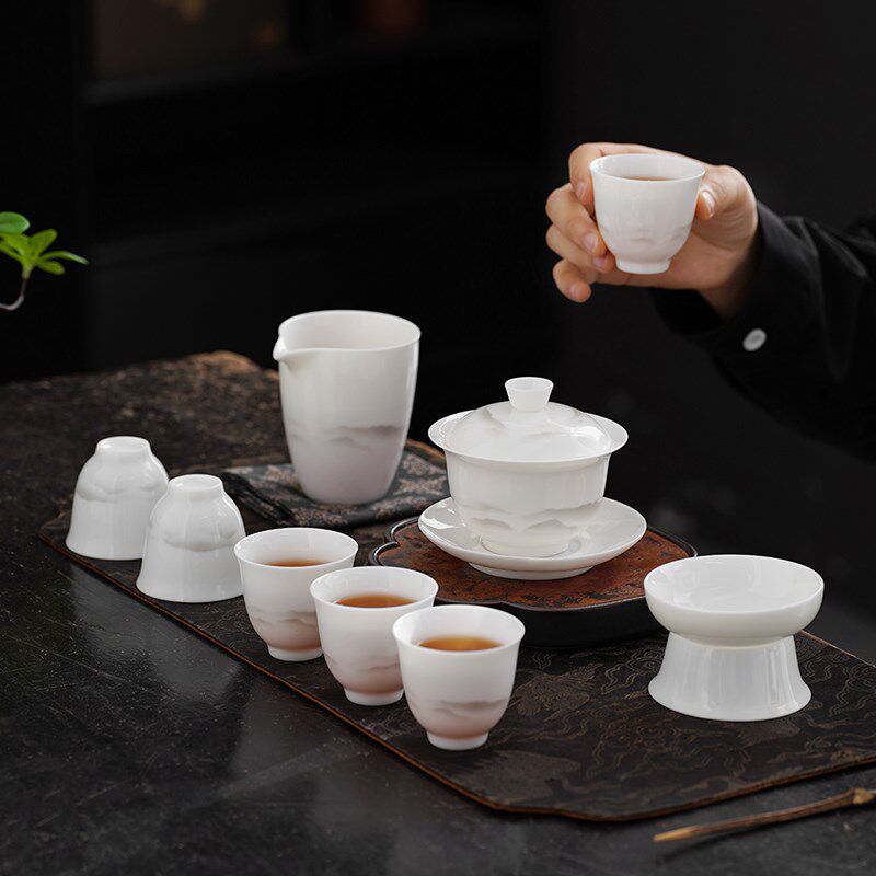 羊脂玉白瓷功夫茶具套装盖碗茶杯家用高档办公会客礼品礼盒装