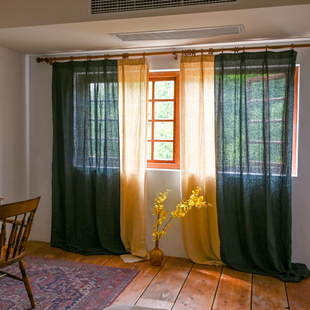 墨绿米色纯亚麻拼接窗帘书房阳台落地窗设计师中式古典简约背景布