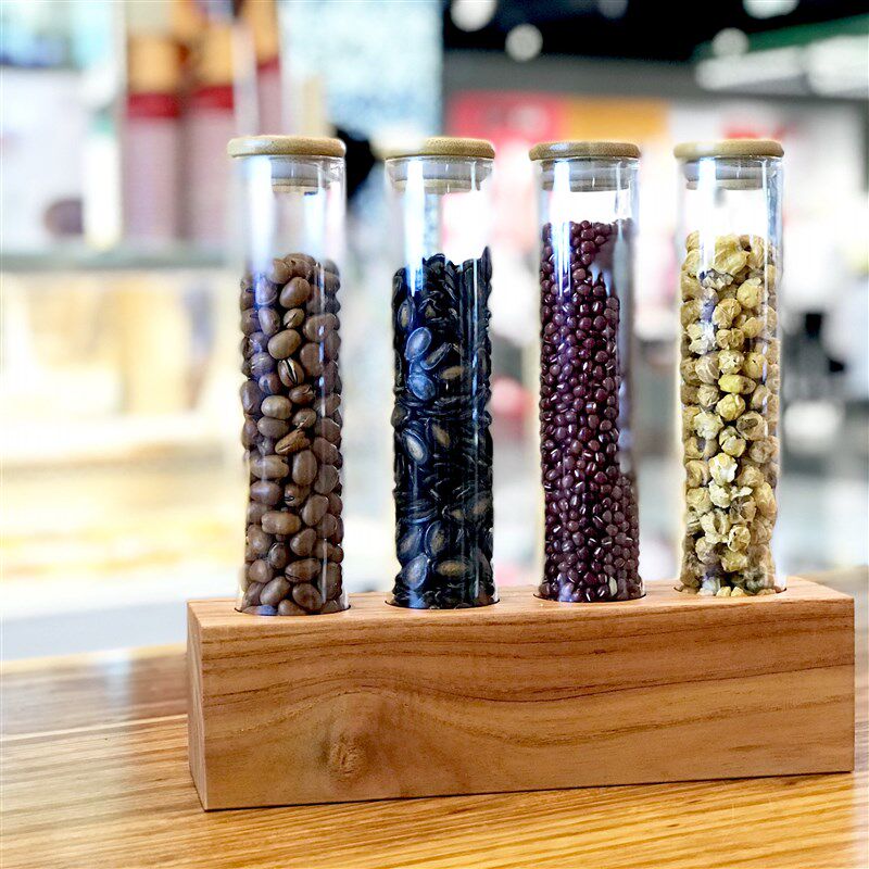 竹盖茶叶展示罐 咖啡豆密封罐玻璃试管展示架奶茶店冰室吧台摆设