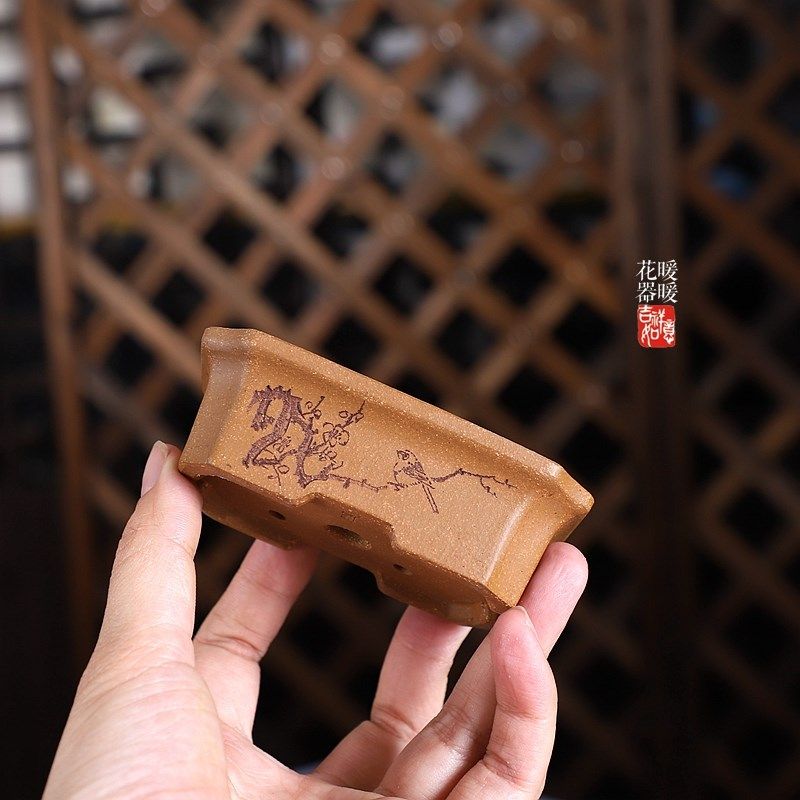 暖暖精选微型紫砂降坡泥花盆迷你小抽角长方绿植盆景多肉把玩刻绘