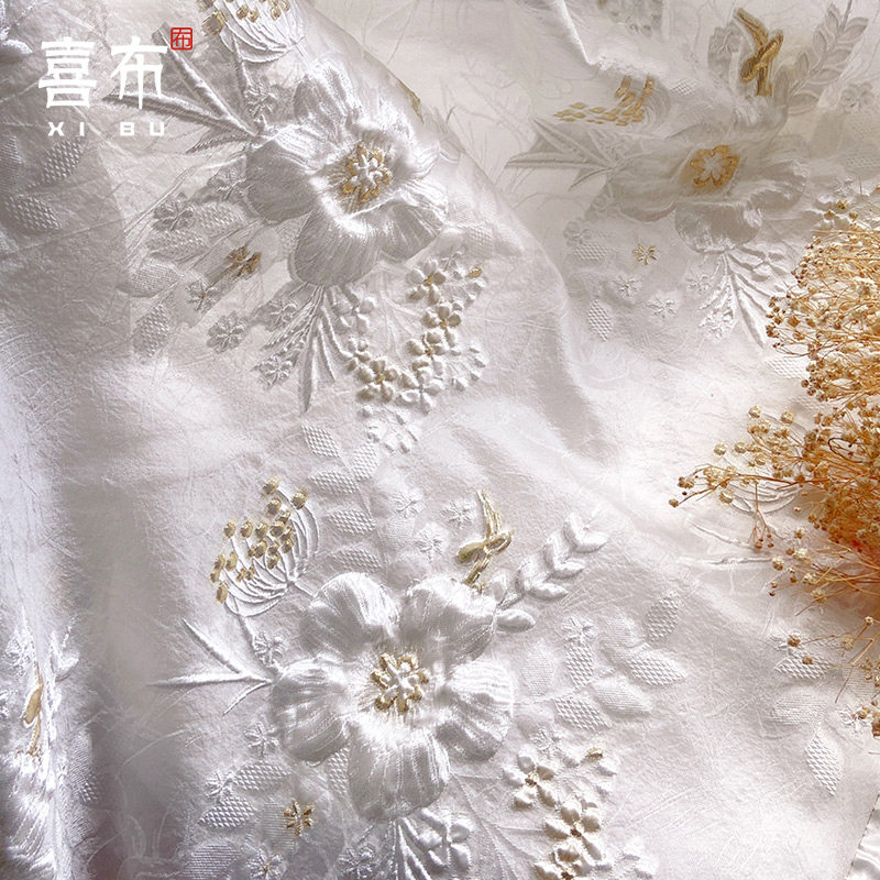 优雅金丝白色花蒲公英新娘浪漫浮雕立体提花布料剪花欧根纱提花面