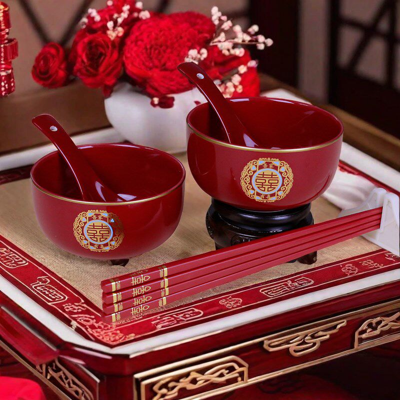 结婚陶瓷喜碗新郎新娘陪嫁改口敬茶杯红色碗筷勺套装婚庆结婚用品