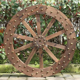 酒吧背景墙装饰道具实木质挂件木轮子车轮仿古复古木头马车车轱辘