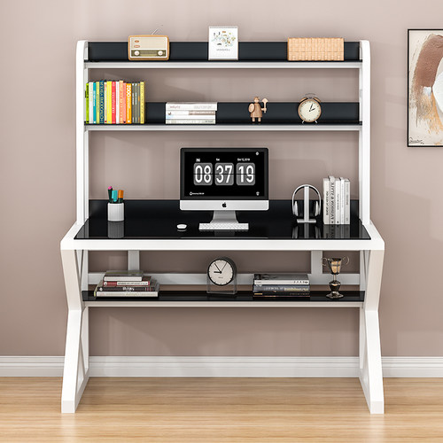 电脑桌台式家用书桌书架一体桌卧室钢化玻璃学生学习桌办公桌子