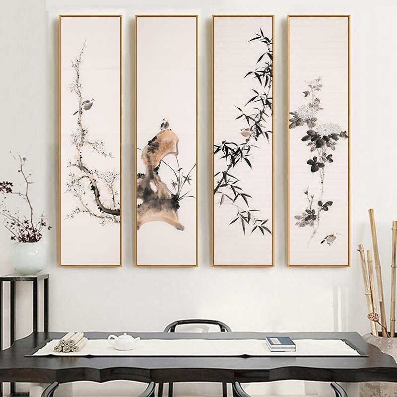 客厅玄关装饰画墨竹四联壁画中式餐厅茶室走道竖办公室竹子画挂画