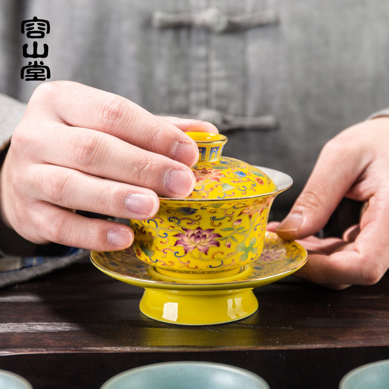 容山堂京韵盖碗茶杯陶瓷大号珐琅彩绘三才青花泡茶碗功夫茶具配件