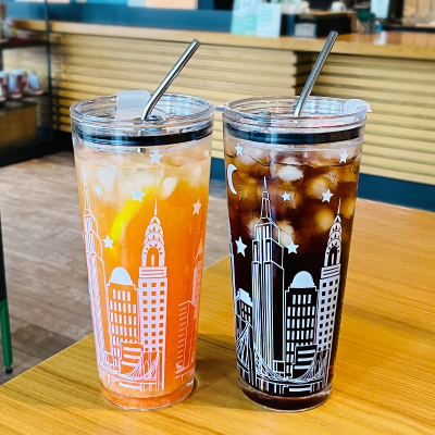 大容量玻璃杯女生吸管杯办公室1000ml水杯带盖高硼硅杯子大号夏天
