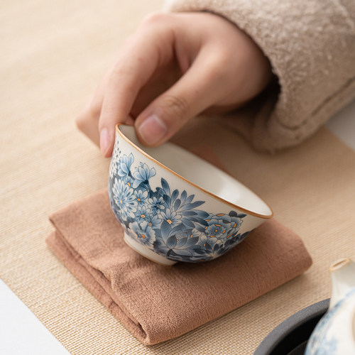 汝窑金万花陶瓷功夫小茶杯家用茶碗品茗杯茶具茶盏青花瓷主人杯