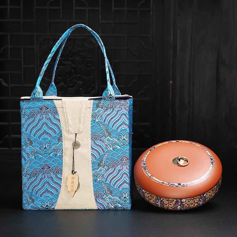 复古中式茶饼罐普洱茶包装盒空礼盒紫砂茶叶罐陶瓷手提布袋礼盒装