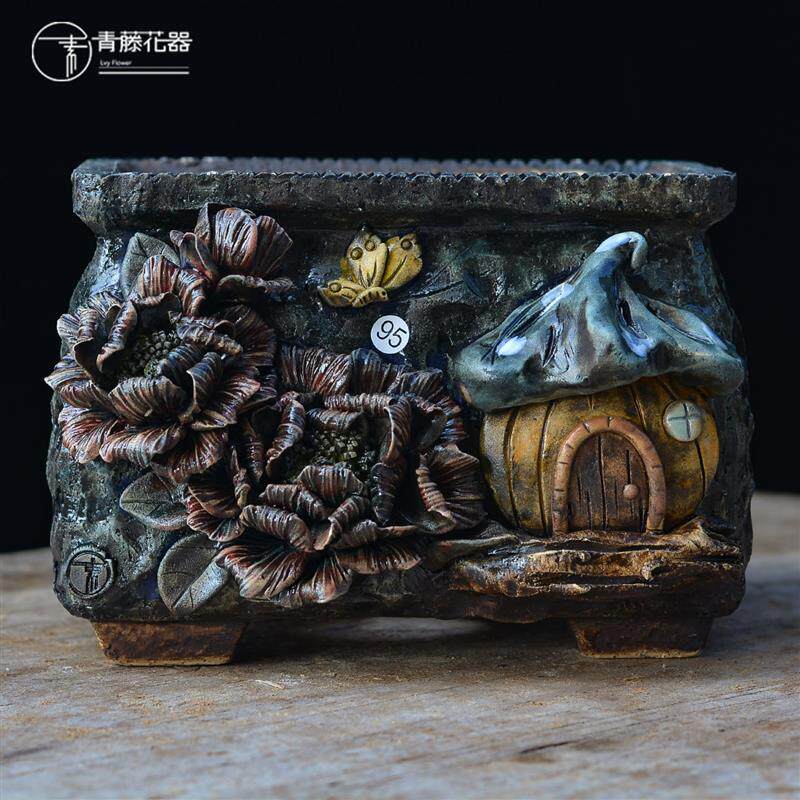 青藤花器手工粗陶多肉长方口盆群生精品白菊麦秆复古透气装饰创意