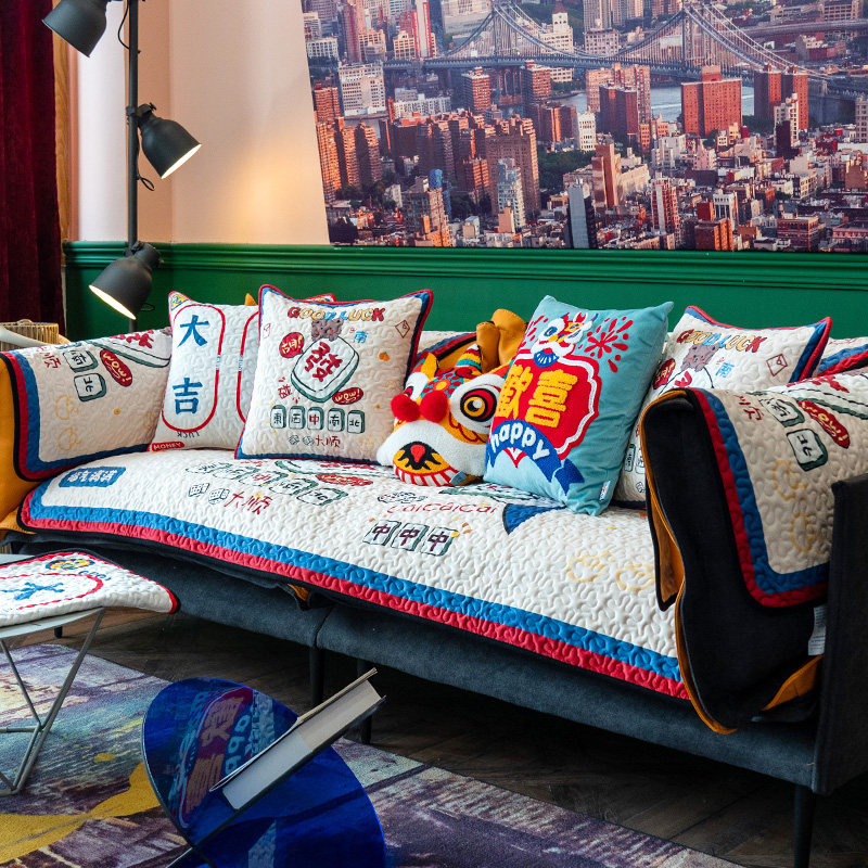喜庆时尚设计沙发垫加厚毛绒秋冬沙发坐垫雀神国潮沙发坐垫套盖巾,居家布艺,沙发垫,淘宝优惠券,粉丝福利购,淘宝优惠卷