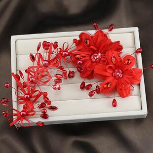 新娘头饰红色手工花朵头花中式结婚发饰旗袍礼服配饰