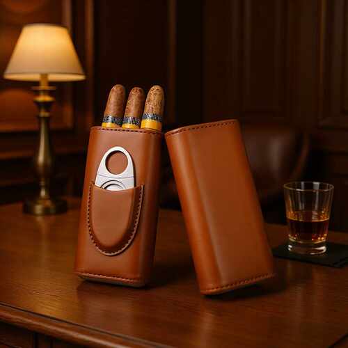 热销现货款雪茄盒收纳皮革带剪刀盒装雪松木抽拉式包雪茄烟