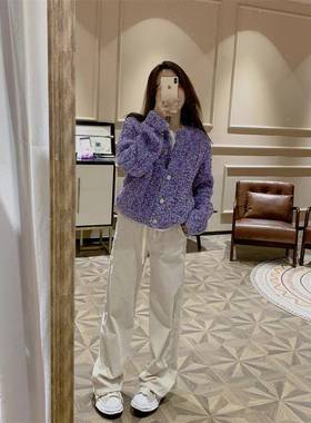 hWangs多巴SEP搭胺穿慵懒风t紫e色针织衫开衫女秋毛衣外套小香风