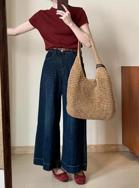 大牌RDI百搭高腰裤复古裤子205春季新款百搭2闲简约风休直筒微喇