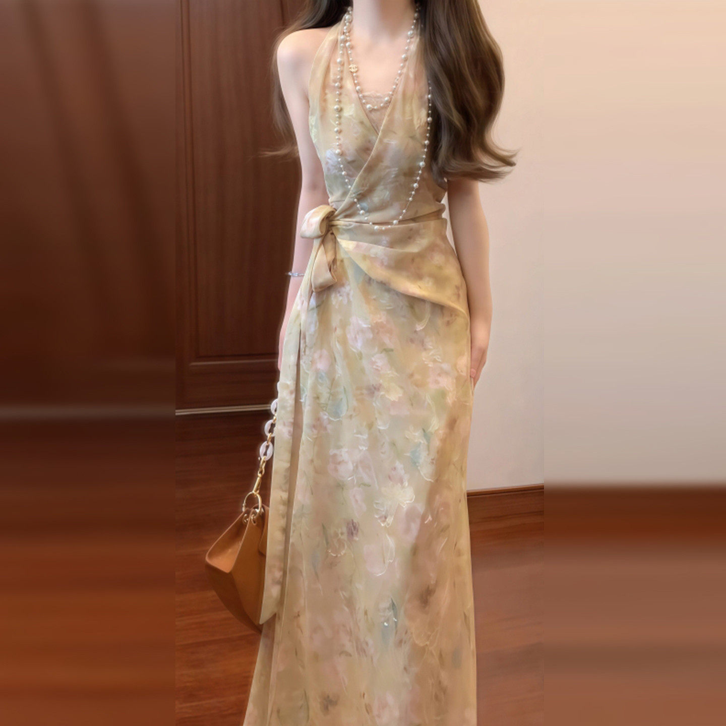 法式无袖挂脖吊带碎花连衣裙子女夏季2026新爆款特别漂亮掐腰长裙