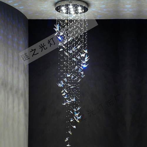 彩色水晶蝴蝶楼梯灯长吊灯现代简约复式楼别墅大厅楼梯井旋转灯具