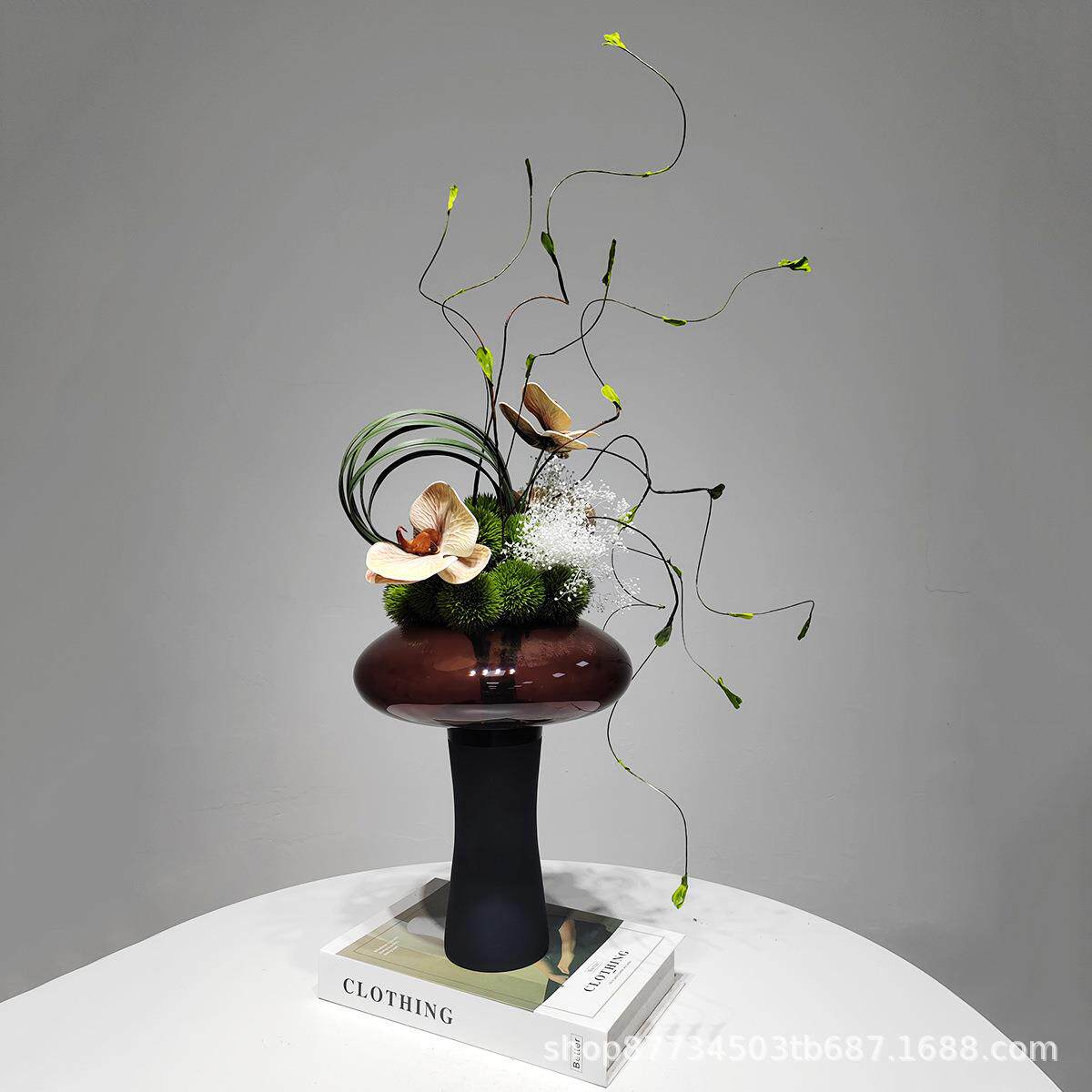 现代茶色圆形玻璃花瓶仿真花艺摆件客厅花束插花器样板房间装饰品