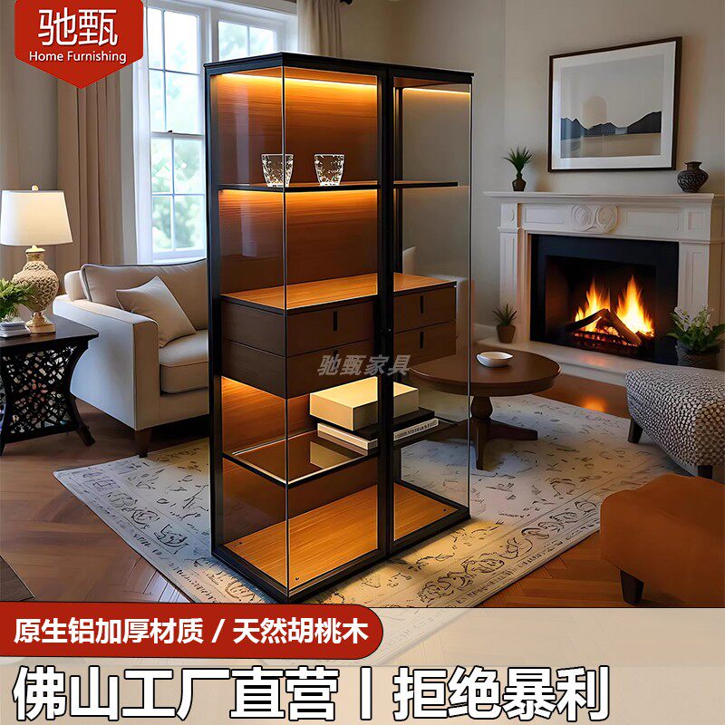 意式轻奢双开门玻璃飞机柜酒柜现代高档手办红酒展示柜实木餐边柜