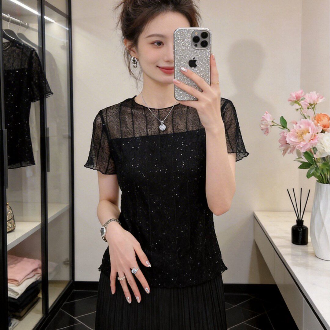 优雅风蕾丝亮片修身短袖T恤女
