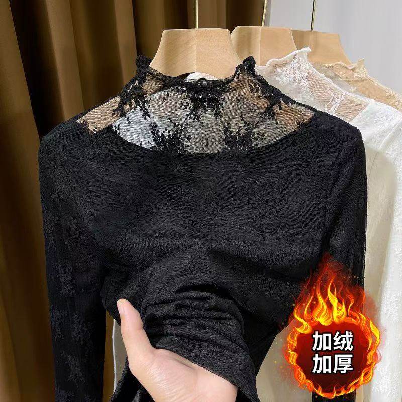半高领加绒蕾丝性感打底衫女皮草内搭春秋冬2025新款叠穿网纱上衣
