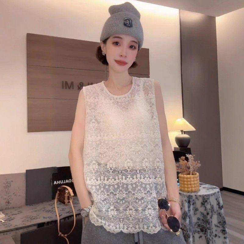 韩版时尚百搭复古钩花镂空无袖蕾丝背心女洋气小衫漂亮气质上衣潮