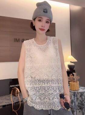 韩版时尚百搭复古钩花镂空无袖蕾丝背心女洋气小衫漂亮气质上衣潮