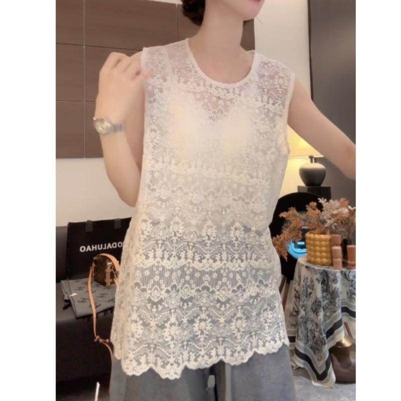 高级感气质蕾丝打底衫女秋季叠穿无袖背心中长款网纱上衣镂空罩衫