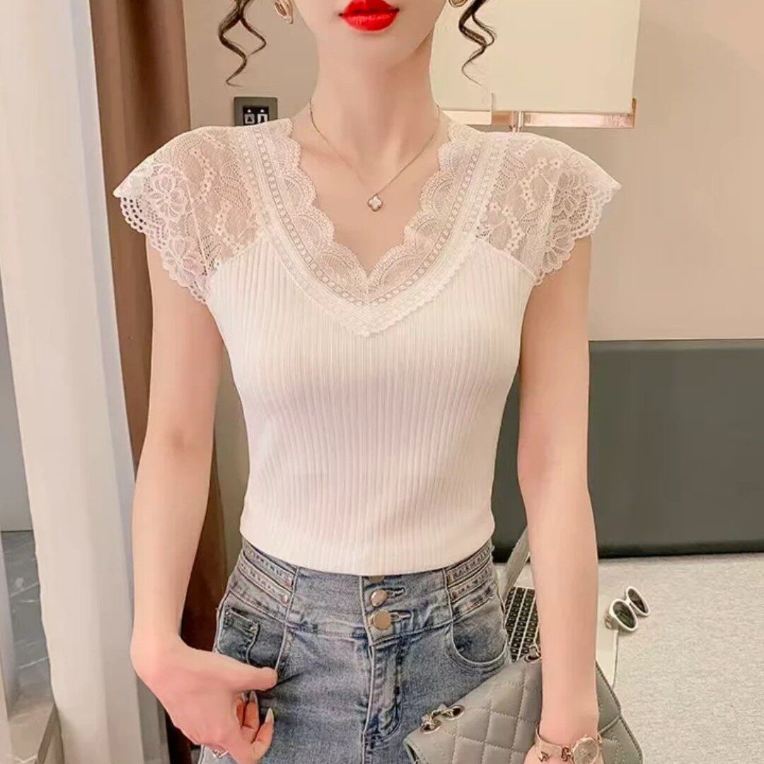 轻奢高级感蕾丝v领冰丝针织短袖T恤女夏季弹力修身小吊带背心上衣