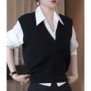 大码V领针织毛衣马甲背心女士叠穿坎肩无袖马夹上衣胖mm春秋冬季
