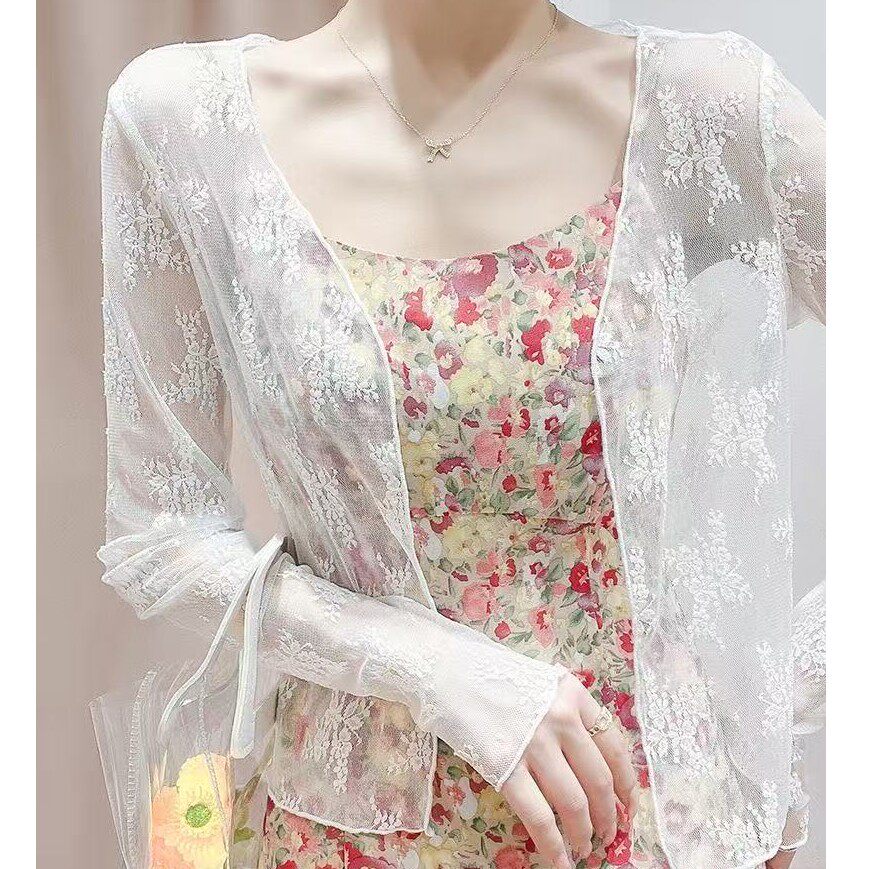 优雅蕾丝披肩女夏季吊带外搭开衫透明薄纱罩衫上衣配裙子空调外套