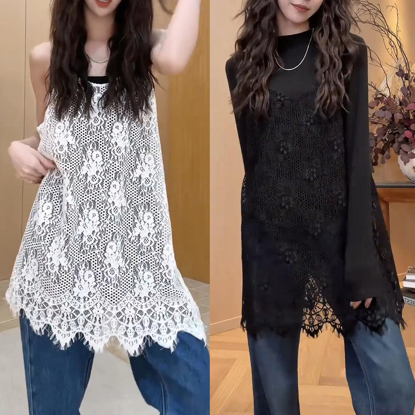 早春镂空屁帘遮胯中长款蕾丝吊带背心裙胖mm显瘦叠穿背心上衣女