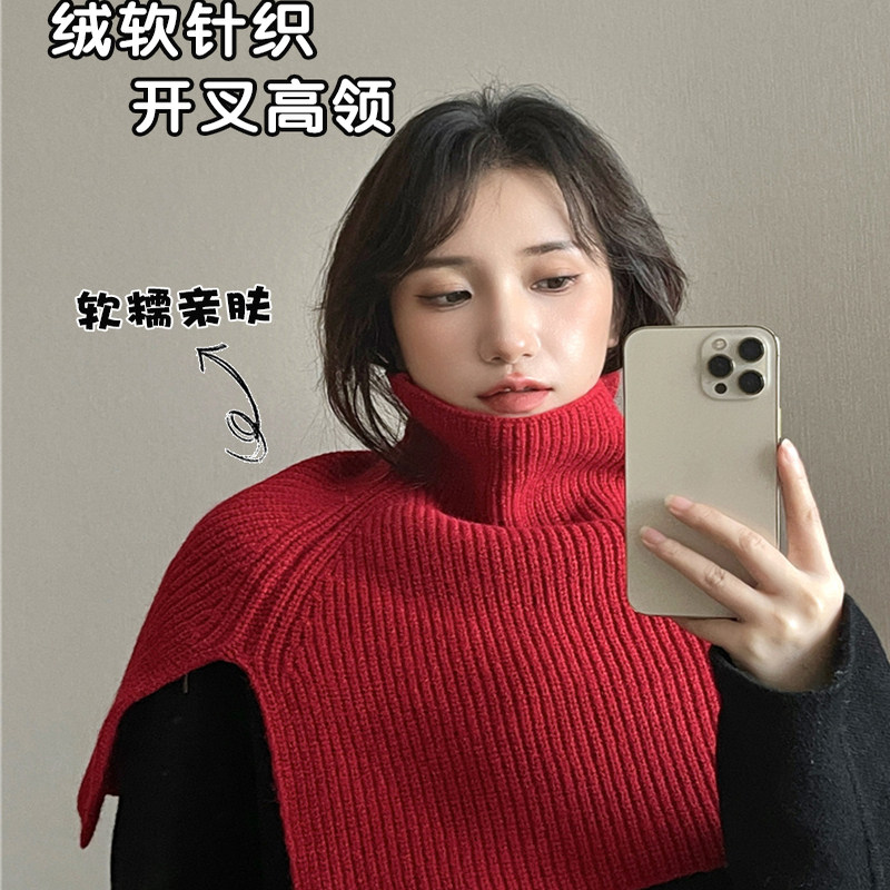 保暖针织围巾围脖冬季新款红色围巾时尚韩系百搭披肩斗篷针织脖套