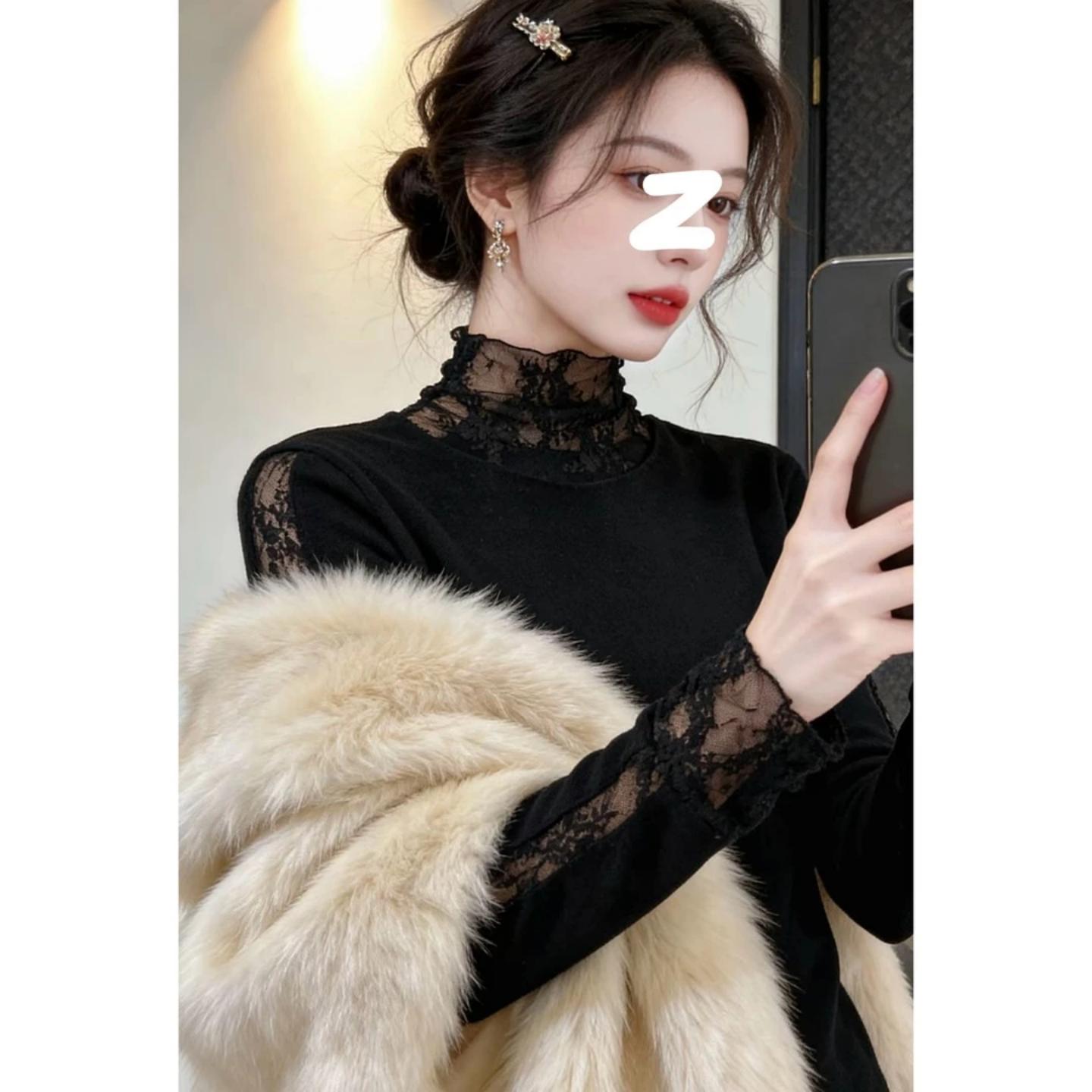蕾丝拼接大码胖mm高领长袖T恤女秋冬季修身显瘦精致蕾丝打底上衣