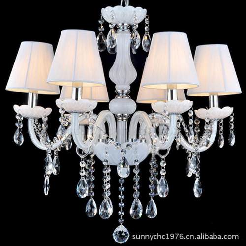 6头白玉色蜡烛灯带帽白色水晶吊灯带罩适合客厅灯卧室餐厅婚庆酒