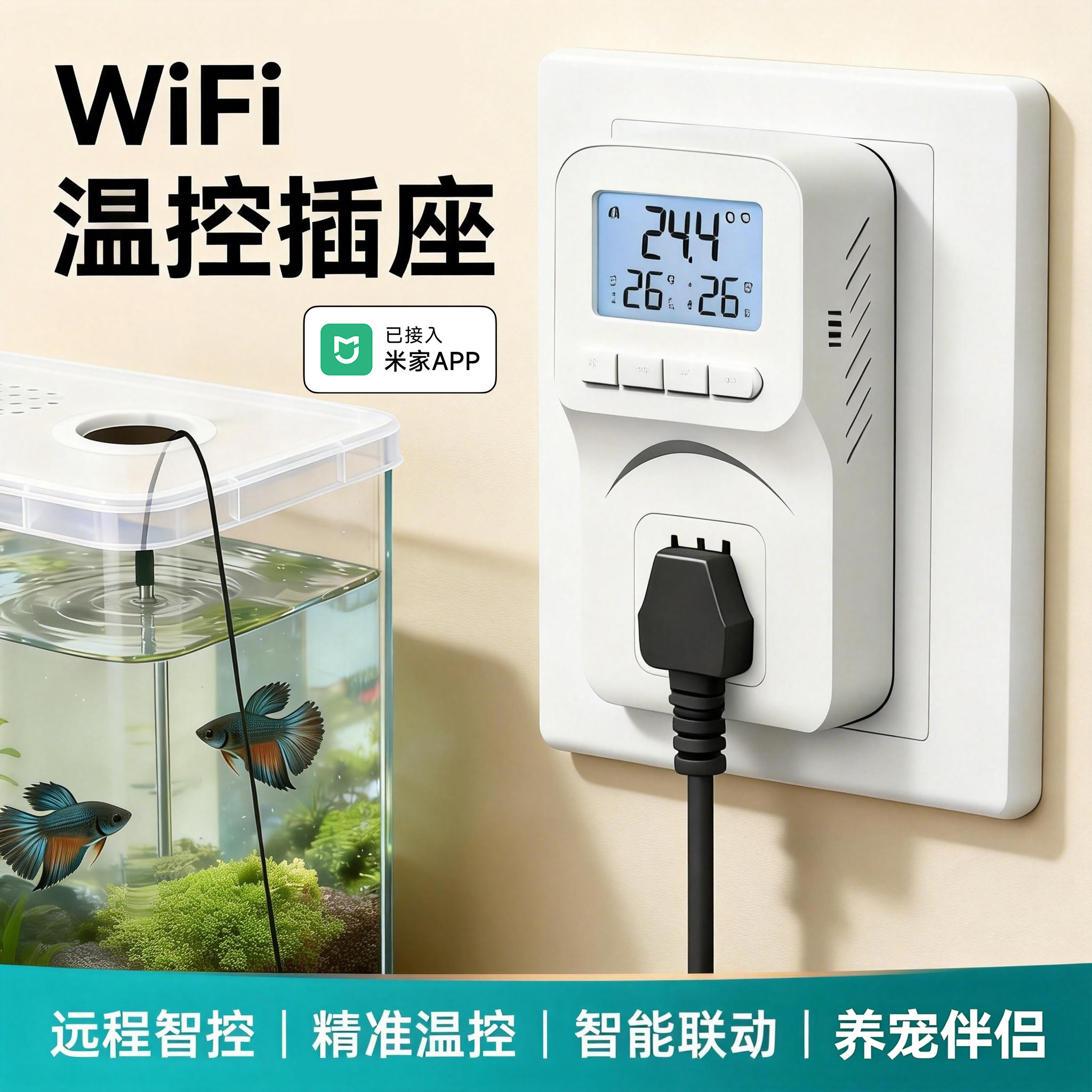WiFi智能温控插座鱼缸龟缸爬宠遥控远程控制定时开关接入米家app