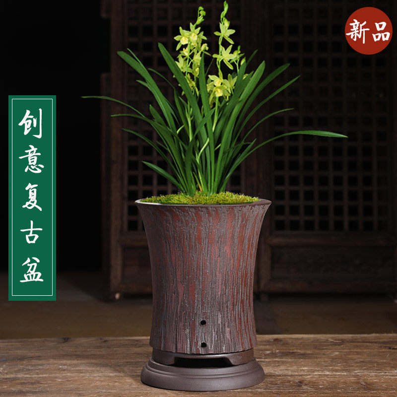 兰花盆紫砂花盆带托盘创意复古君子兰花盆树桩老桩精品欧式花盆