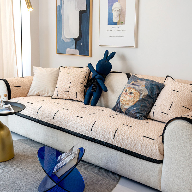极简艺术设计防滑沙发垫高级感几何线条设计秋冬毛绒沙发坐垫套罩