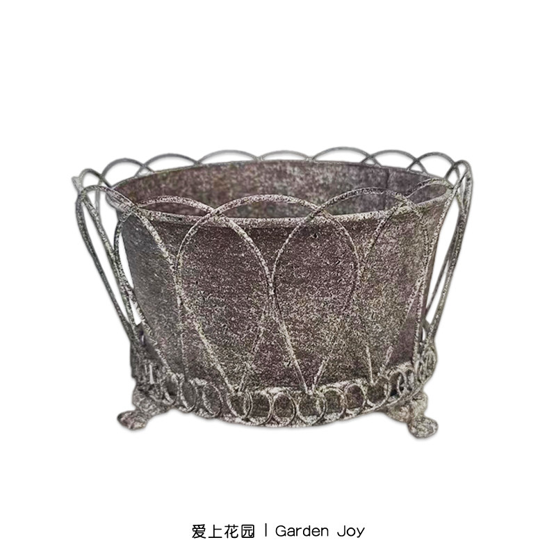 爱上花园丨园艺杂货 铁皮装饰摆件 铅色做旧三足镂空编织底座圆盆
