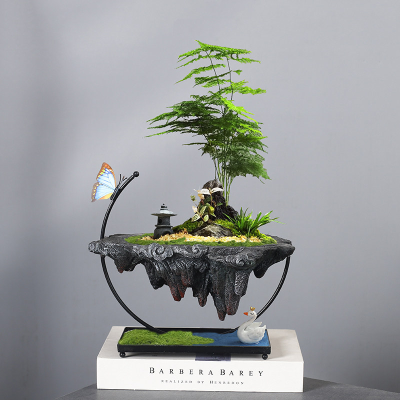 复古创意六月雪文竹树脂花盆仿假山配铁艺悬空多肉绿植造景盆器