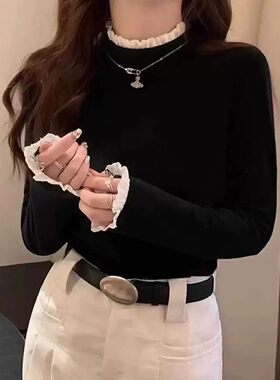 花边拼接半高领打底衫女修身设计感内搭qy