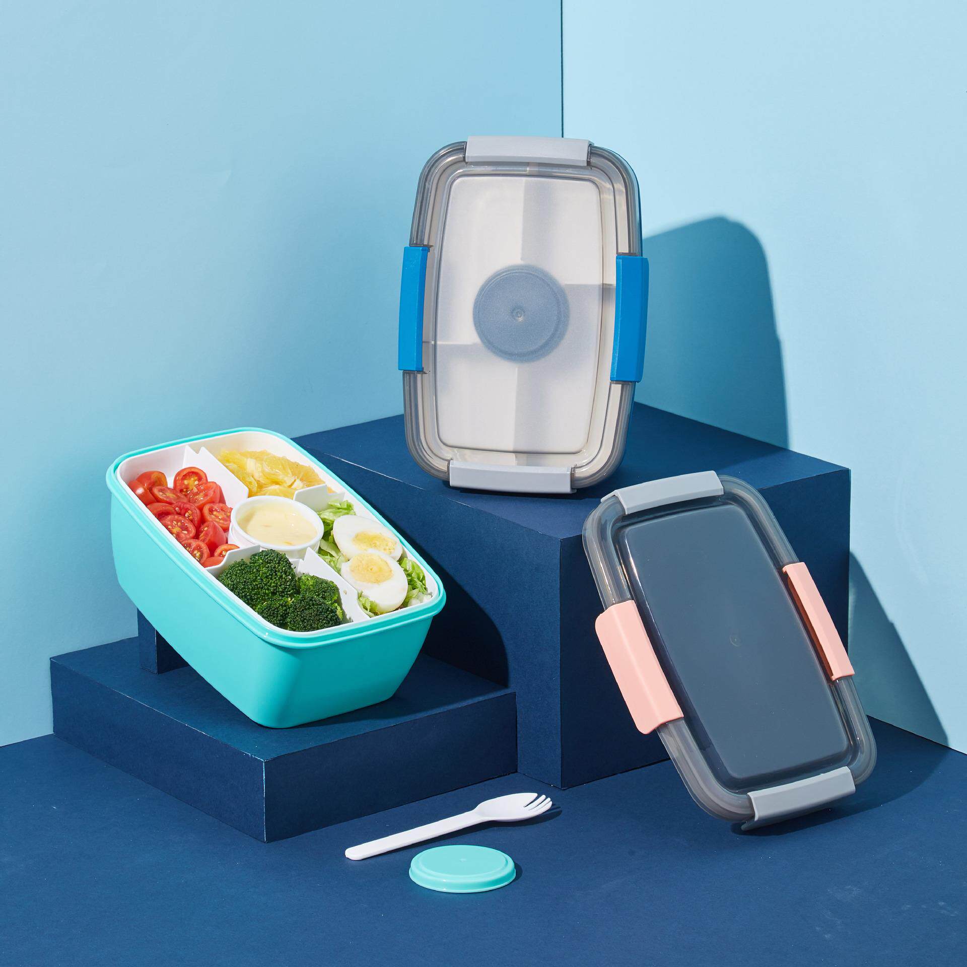 2L大号长方形塑料分格沙拉盒带酱料盒密封野餐盒沙拉水果保鲜饭盒