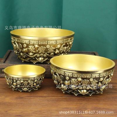 纯铜六蝠聚宝盆招财摆件中式家用客厅玄关装饰礼品聚财黄铜存钱罐
