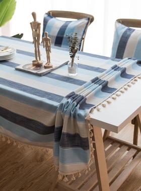 条纹防水桌布地中海风蓝色布艺 棉麻小清新餐桌长方形茶几布