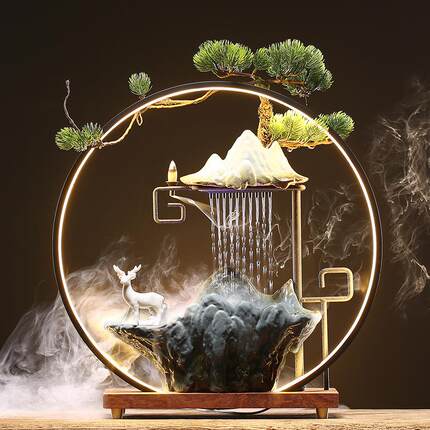 创意中式迎客松流水喷泉摆件风水招财禅意灯圈办公室客厅开业礼品