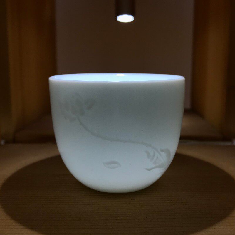 吴氏品雅纯色暗纹浮雕影青莲花佛手不倒杯陶瓷茶杯茶具家用待客