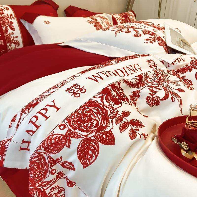 中式婚庆四件套婚床过年新婚送新娘轻奢喜庆结婚床上用品跨境电商