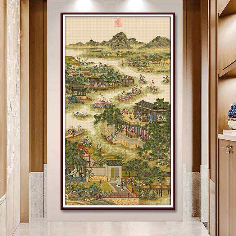 雍正十二月五月十字绣2024新款线绣风景名画竖版玄关客厅手工刺绣