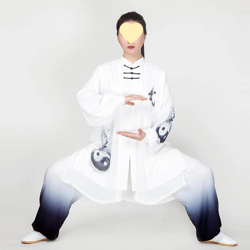 太极服女夏新款飘逸渐变色披沙比赛演出太极拳练功服男中长款